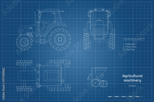 Outline blueprint of tractor. Side, front and top view of agriculture machinery. Farming vehicle. Industry drawing