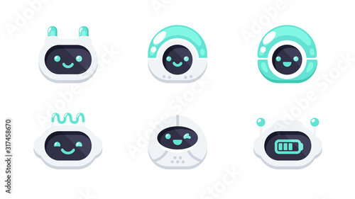 Robot emotions set. Cute robots head avatar. Chat bot with different faces. Simple modern icon design. Cartoon character isolated on white background. Screen, monitor. Flat style vector illustration.