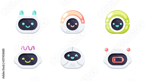 Robot emotions set. Cute robots head avatar. Chat bot with different faces. Simple modern icon design. Cartoon character isolated on white background. Screen, monitor. Flat style vector illustration.