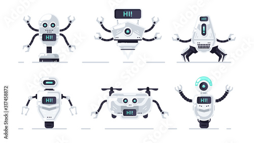 Robots set isolated. Cute cartoon chat bot design. Robot toys collection. Funny simple characters. Urban modern template. Retro vintage design. Realistic 3d objects. Flat style vector illustration.