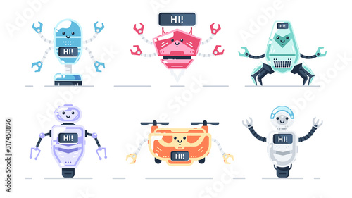Cute robots set isolated. Colorful cartoon bot for kids. Robot toys collection. Funny simple characters. Urban modern template. Retro vintage design. Realistic objects. Flat style vector illustration.