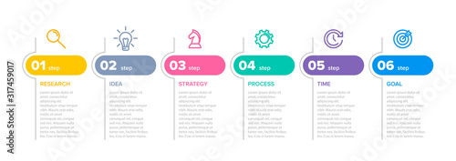 Concept of arrow business model with 6 successive steps. Six colorful graphic elements. Timeline design for brochure, presentation. Infographic design layout