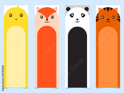 Colorful Printable Bookmarks of Cartoon Chick, Fox, Panda, Tiger.