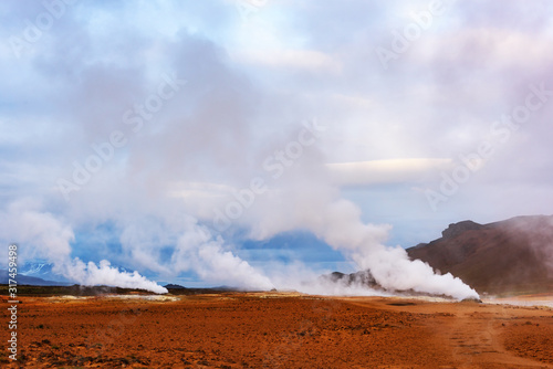 Smoking fumaroles on Hverarond valley, north Iceland, Europe. Landscape photography