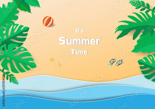 Concept of happy and relax on summer time,paper art design with tropical leaves,blue sea and beach