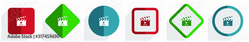 Video icon set, flat design vector illustration in 6 options for webdesign and mobile applications in eps 10