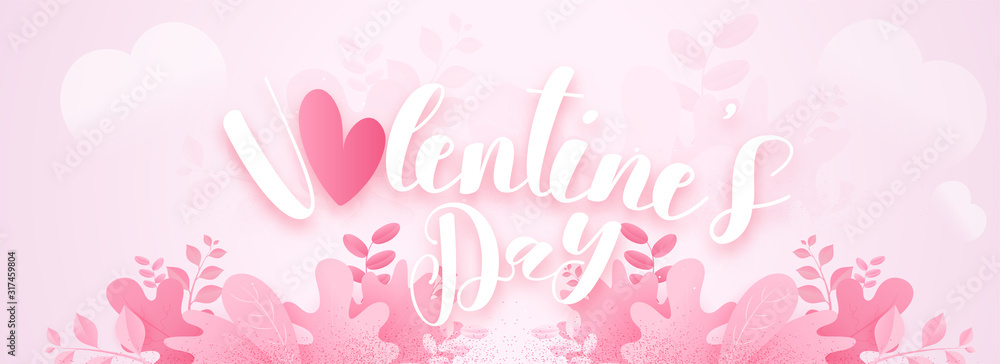 Paper Cut Valentine's Day Font with Pink Heart and Autumn Leaves Decorated on Pastel Pink Background. Header or Banner Design.