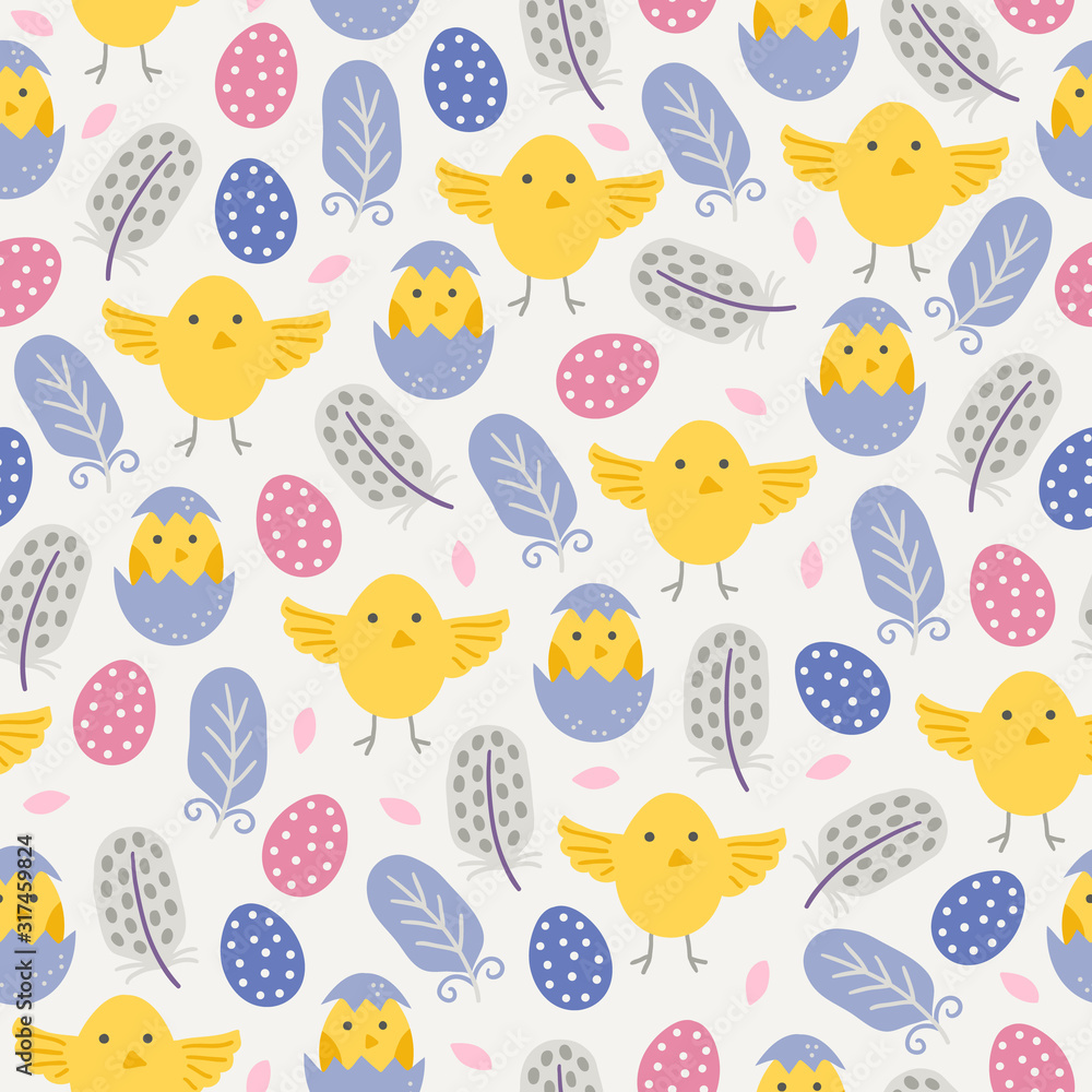 Easter seamless pattern with feathers, dotted eggs and chicken Easter seamless pattern with feathers, dotted eggs and chicken