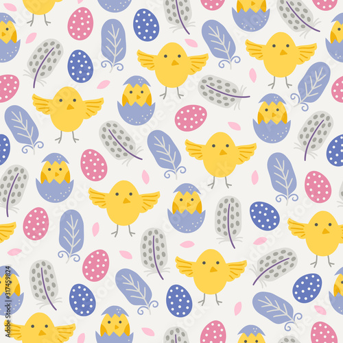 Easter seamless pattern with feathers, dotted eggs and chicken