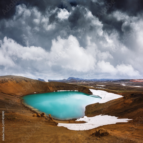Acid hot lake in the geothermal valley Leirhnjukur, near Krafla volcano, Iceland, Europe. Landscape photography