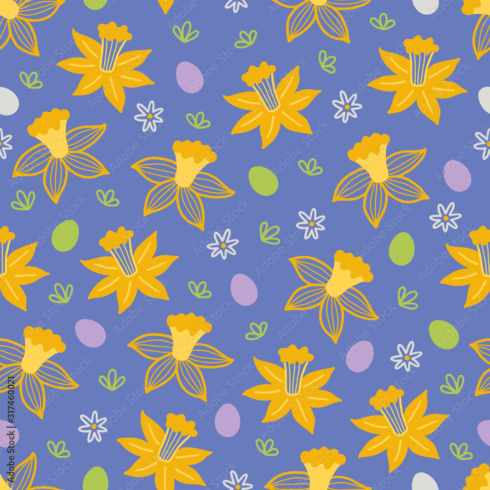 Easter seamless pattern with flowers, leaves, eggs and narcissus