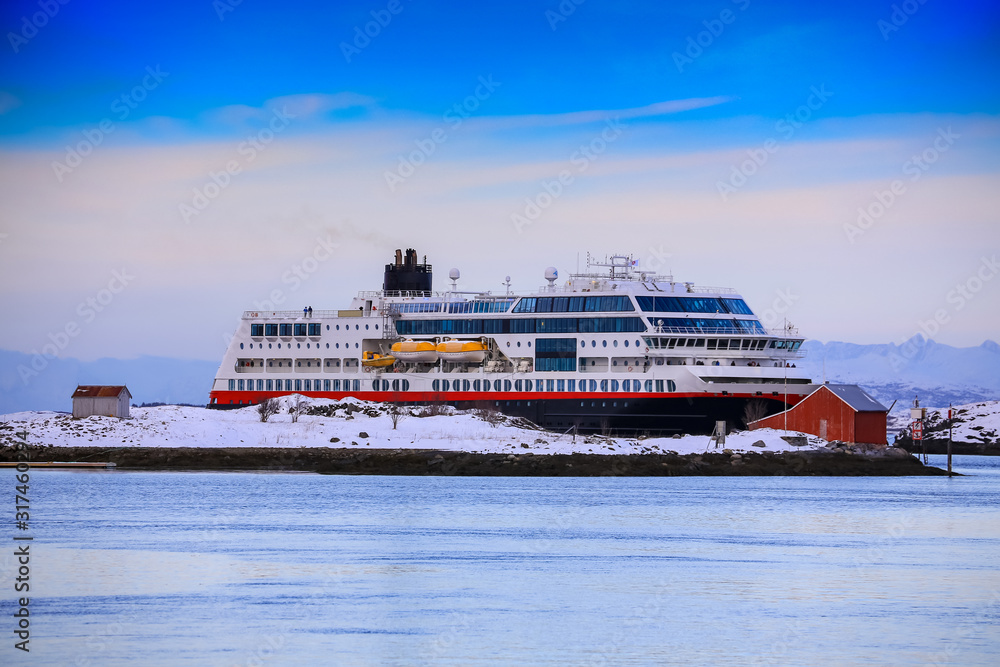 The coast passenger ships arrive at Brønnøysund harbor, Nordland county	