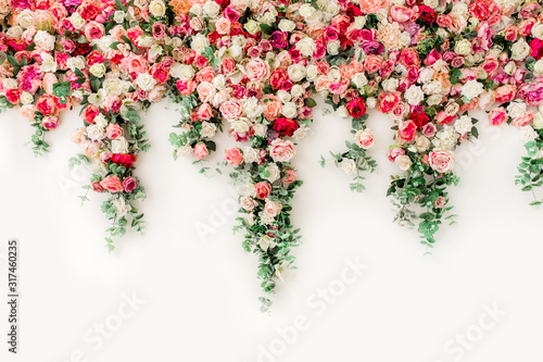 Fototapeta Naklejka Na Ścianę i Meble -  Flower pattern made of pink, beige roses flower buds on white background. Flat lay, top view.