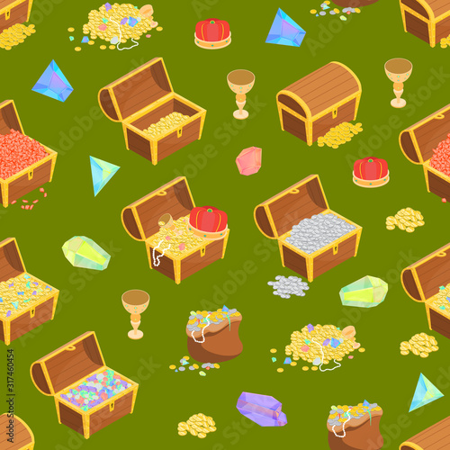 Treasure Seamless Pattern Background 3d Isometric View. Vector