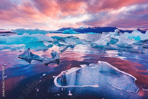 Icebergs in Jokulsarlon glacial lagoon. Vatnajokull National Park, southeast Iceland, Europe. Landscape photography