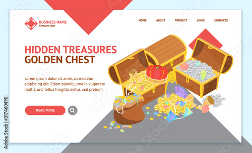 Treasure Landing Web Page Template Isometric View. Vector
