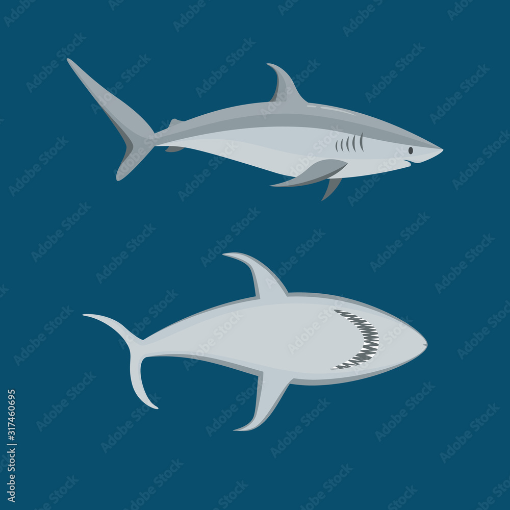 Naklejka premium Cartoon Blue Characters Shark Icon Set on a Blue. Vector
