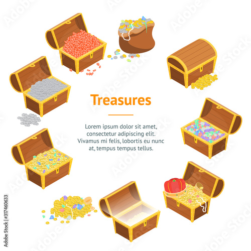 Treasure Banner Card Circle 3d Isometric View. Vector