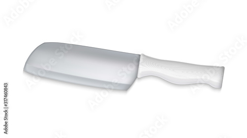 Cleaver Meat Knife With White Wooden Handle Vector. Kitchener Cleaver With Sharp Metallic Blade For Crushing In Food Preparation. Kitchen Tool Concept Mockup Realistic 3d Illustration