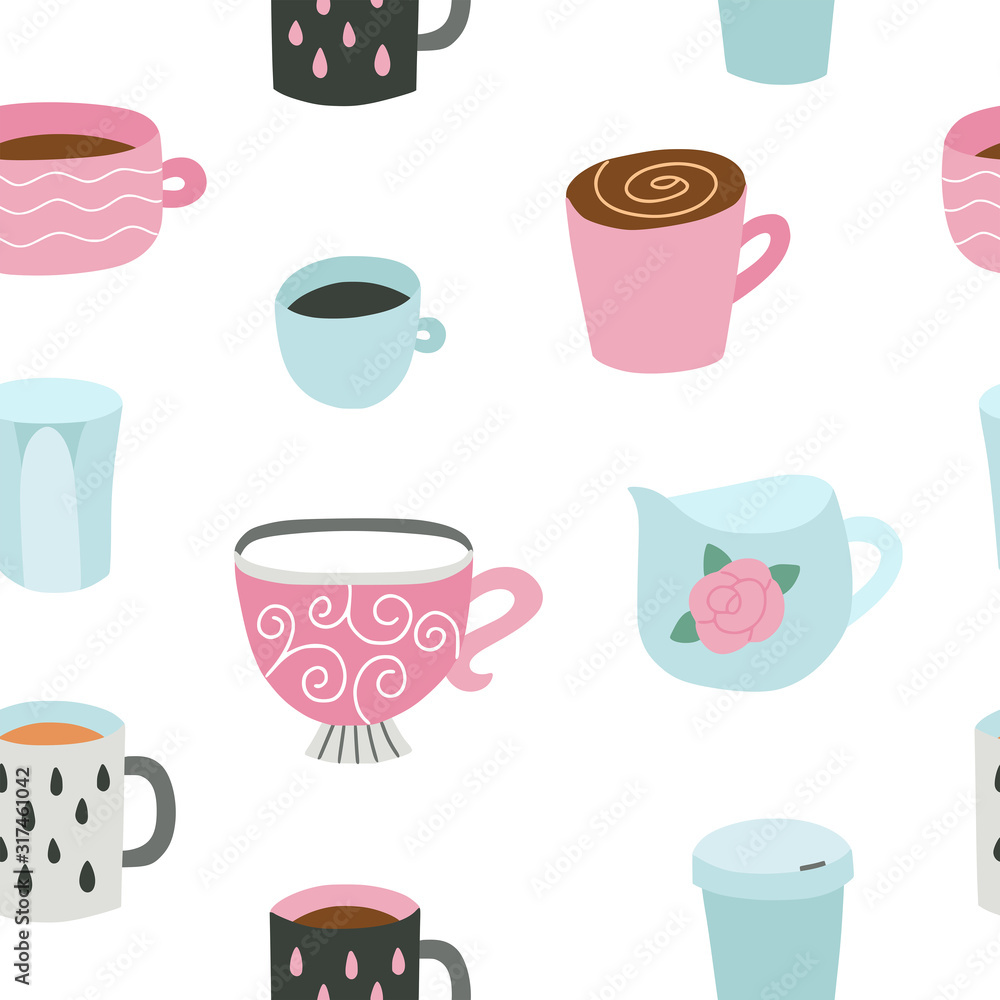Seamless pattern with different cups. Cute tableware background with white backdrop Seamless pattern with different cups. Cute tableware background with white backdrop