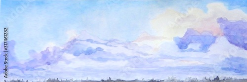 The sky is in the clouds. Color watercolor illustration for banners. © Elena