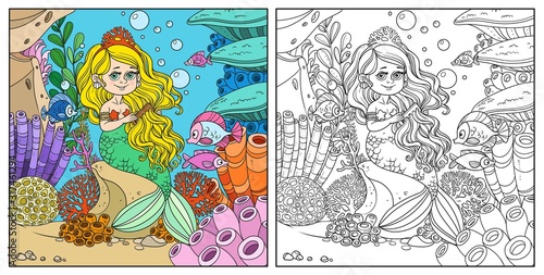 Beautiful little mermaid girl sits on a rock and combs her hair on underwater world frame with corals, fish and anemones background color and outlined
