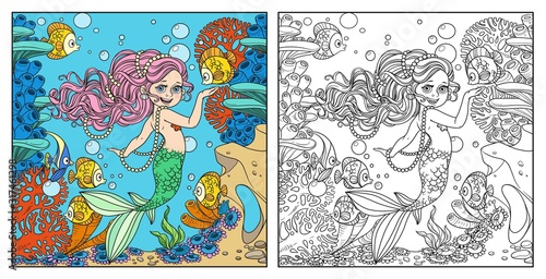 Beautiful little mermaid girl on underwater world with corals and anemones background color and outlined