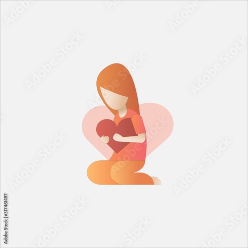self care and self compassion concept,woman or girl sit hug heart red,pink background.vector illustration