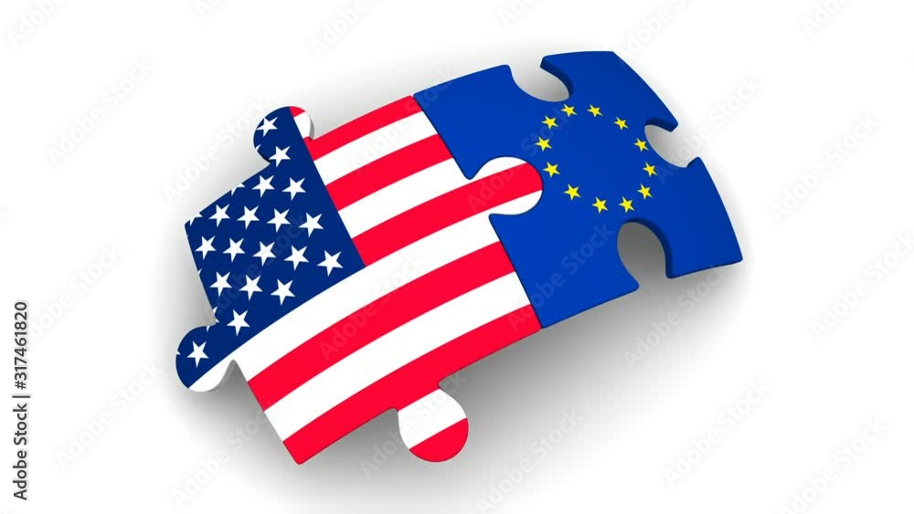 Cooperation between the United States and European Union. Puzzles with flags of the US and EU comes together. The concept of coincidence of interests in geopolitics. Footage video Cooperation between the United States and European Union. Puzzles with flags of the US and EU comes together. The concept of coincidence of interests in geopolitics. Footage video