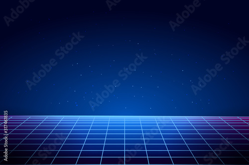Retro vaporwave background. Cyberpunk laser grid in 80s style. Abstract futuristic landscape. Vector illustration.