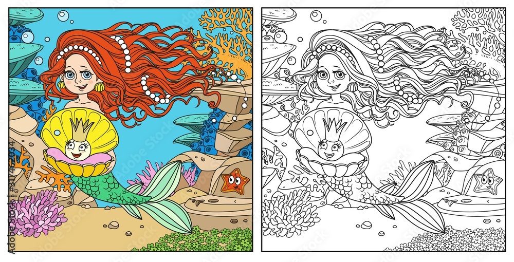 Beautiful mermaid girl holding a pearl in shell on underwater world with corals, fishes, cute starfish and anemones background color and outlined