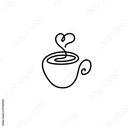 Cup of coffee with heart shaped smoke,  print for clothes, t-shirt, emblem or logo design, Valentine's Day, greeting card, hand drawn vector illustration. Continuous line drawing.