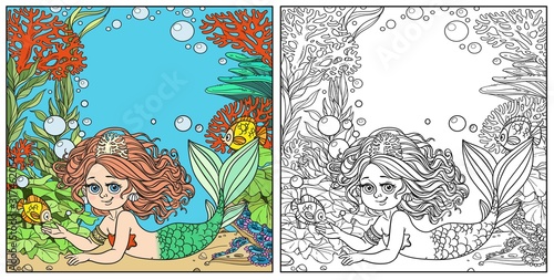 Beautiful mermaid girl lies on underwater world with corals, seaweed and anemones background color and outlined