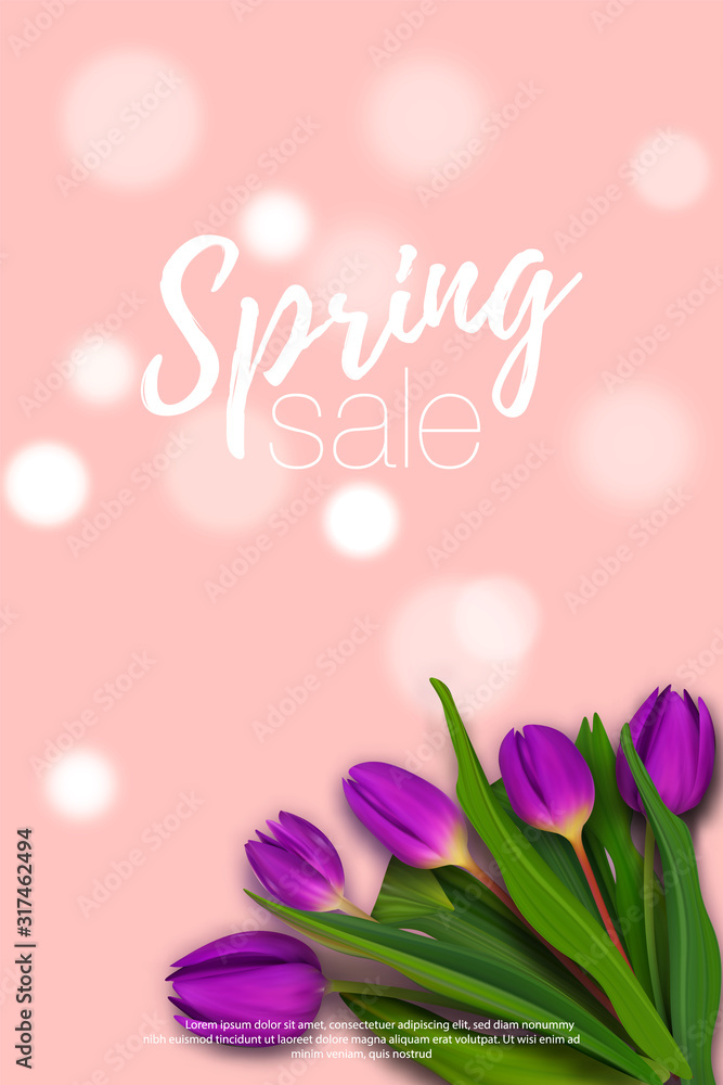 Hello March spring bouquet tulip brochure. Colorful banner background to Womans day.