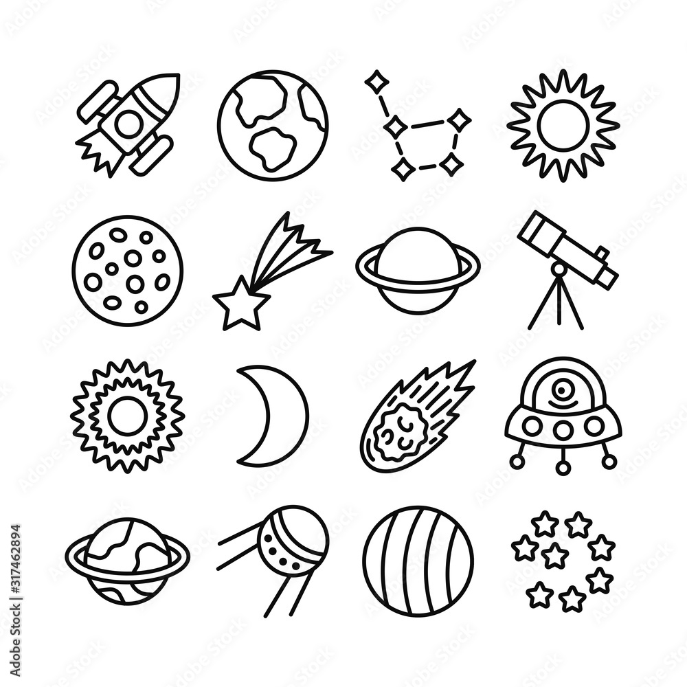 Space flat line icon set. Rocket, planets, sun, moon, comet, telescope, alien, constellation, star. Editable strokes. Vector illustration. Space flat line icon set. Rocket, planets, sun, moon, comet, telescope, alien, constellation, star. Editable strokes. Vector illustration.