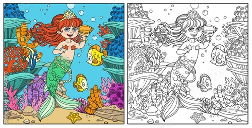 Cute little mermaid girl floats in water and listens shell on underwater world with corals  fish and anemones background color and outlined