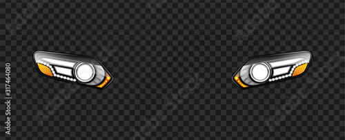 Car Headlight With Glowing Light Effect Vector. Front Led Automobile Headlight, Exterior Detail. Illuminated Elegant And Stylish Design Lamp Equipment Concept Template Realistic 3d Illustration