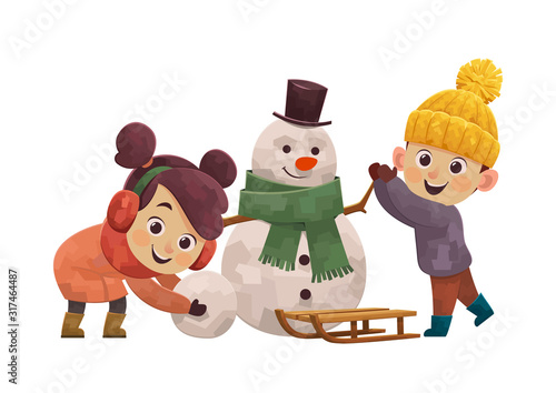 Winter fun cute children building snowman and smiling © Roma Kos