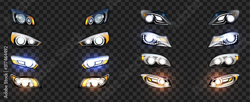 Car Headlight With Glowing Light Effect Set Vector. Collection Of Different Modern Front Automobile Headlight, Exterior Detail. Stylish Design Lamp Equipment Concept Template Realistic 3d