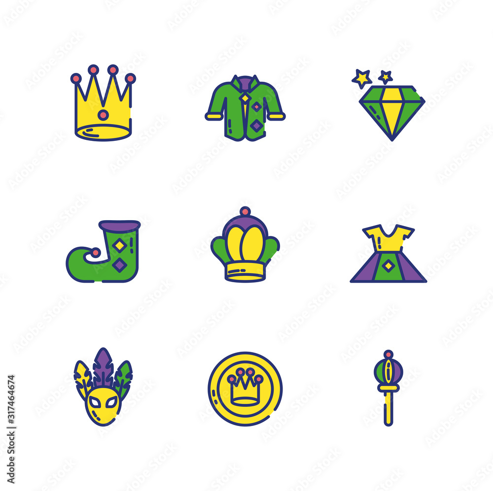 Fototapeta premium Isolated mardi gras icon set vector design