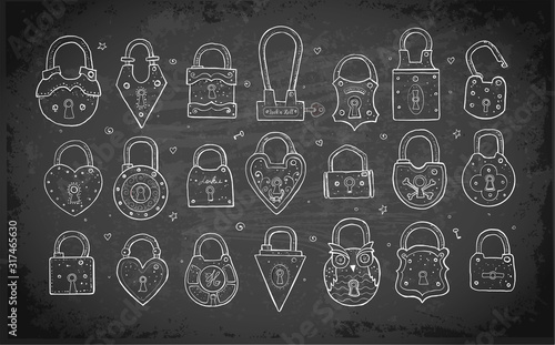 Set of doodle vintage locks on blackboard background. Vector sketch illustration.