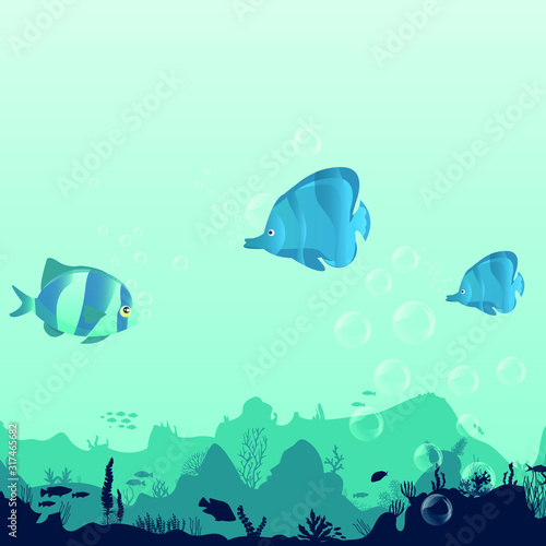 fish and algae on the background of reefs. Underwater ocean scene. Deep blue water, coral reef and underwater plants. a beautiful underwater scene; a vector seascape with reef.