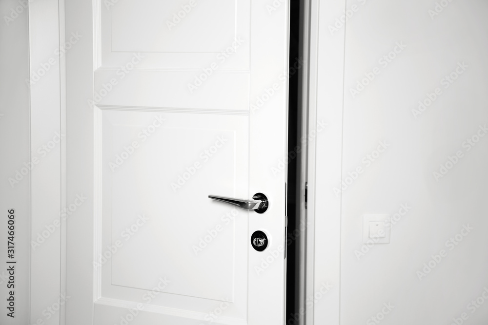Modern white door. Minimalist bright interior Modern white door. Minimalist bright interior