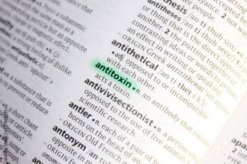 Antitoxin word or phrase in a dictionary. photo