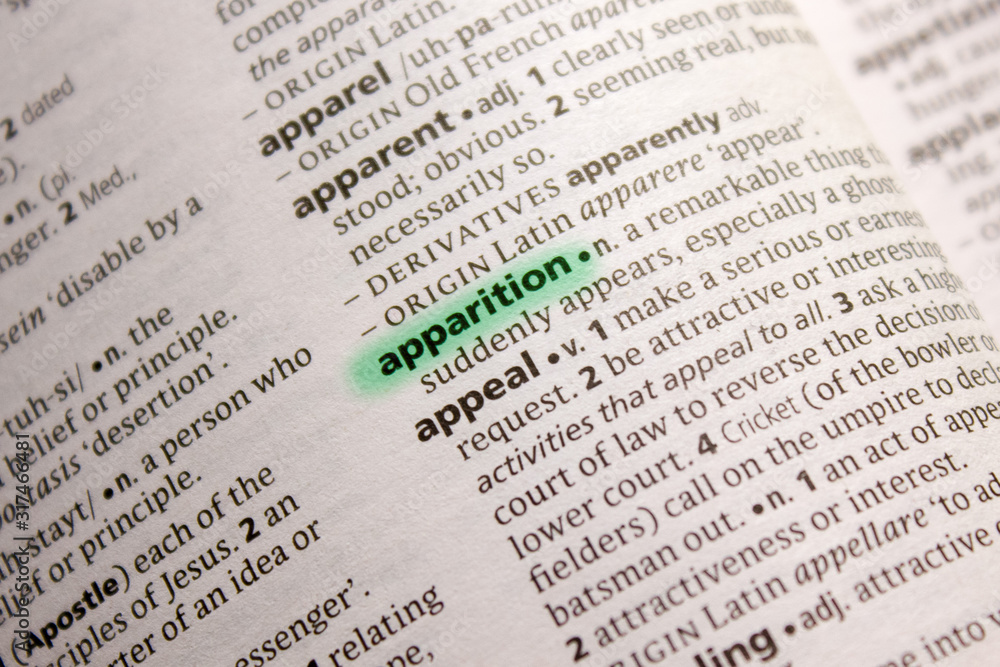 Apparition word or phrase in a dictionary.