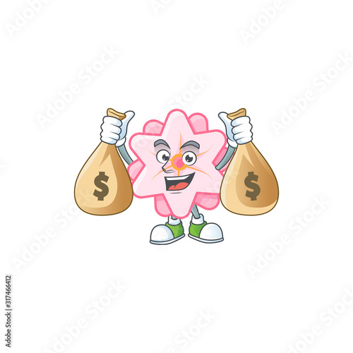 A picture of rich chinese pink flower cartoon character with two money bags