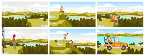 Forest expedition flat vector illustration. Tourist group in car on green landscape. River stream, water body. Man and woman sitting. People climbing hill. Female and male cartoon characters