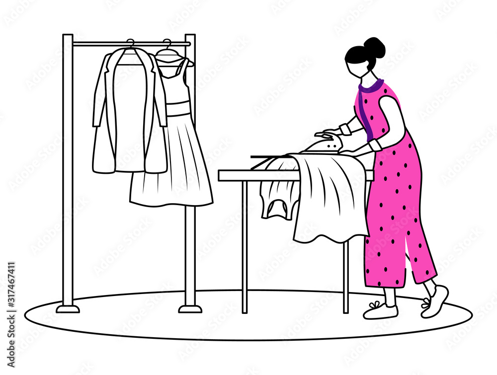 Ironing dresses, jackets flat contour vector illustration. Preparing  clothes for fashion show. Designer assistant isolated cartoon outline  character on white background. Dry cleaning simple drawing Stock Vector |  Adobe Stock