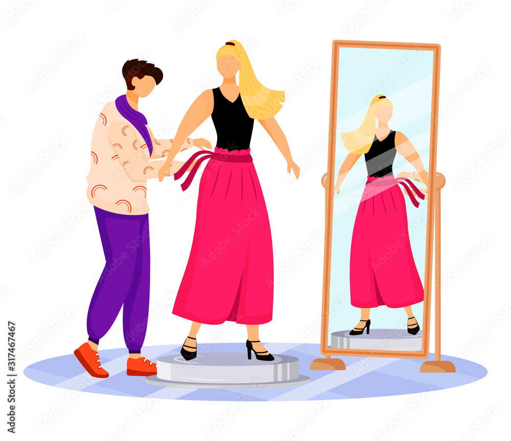 Fashion designer work flat color vector illustration. Dressing up famous people. Trying on new outfit for catwalk. Preparing model for runway isolated cartoon character on white background