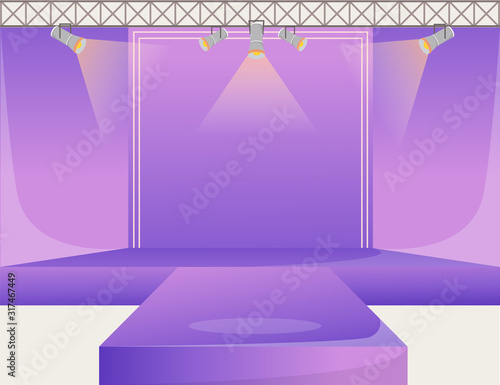 Violet runway platform flat color vector illustration. Empty podium stage. Catwalk with spotlights. Fashion week demonstration area. Presentation of new collection. Fashion shows background
